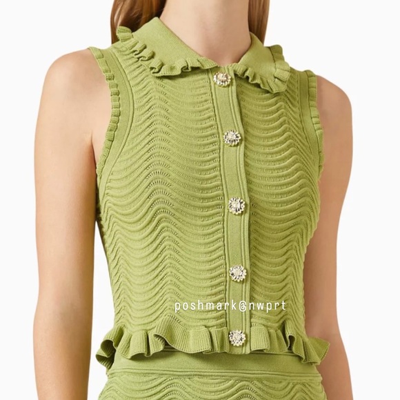 SANDRO 🌻 Lina Knit Ruffle Tank Top Blouse Gold Button Down Olive Green XS 0 1 - Picture 1 of 12